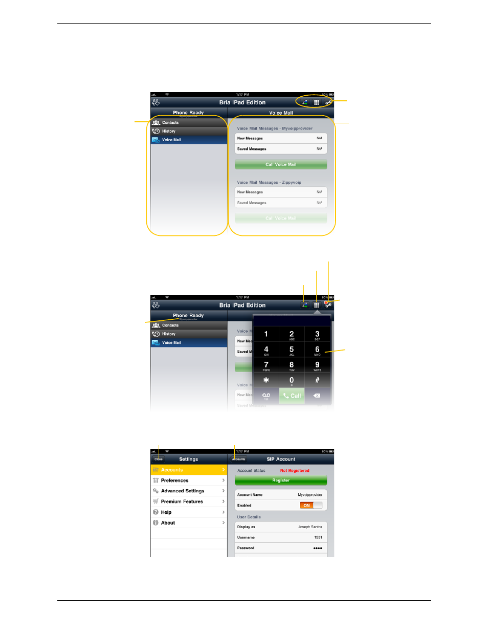 2 using the bria interface, Using the bria interface | CounterPath Bria iPad Edition 2.3 User Guide User Manual | Page 14 / 72