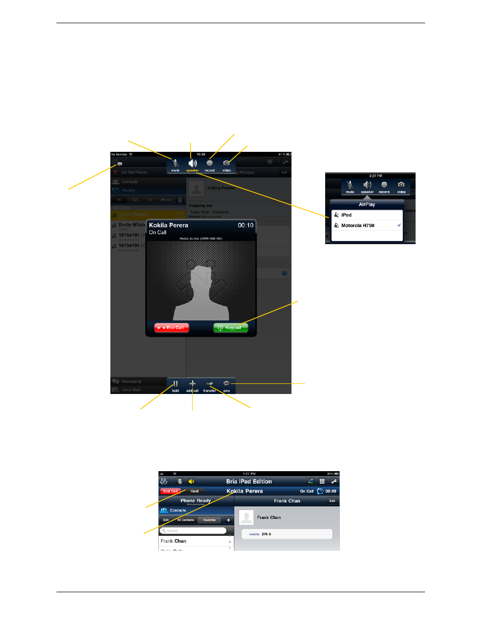 5 handling one established call, Handling one established call, Call in foreground call in background (minimized) | CounterPath Bria iPad Edition 2.3 User Guide User Manual | Page 19 / 72