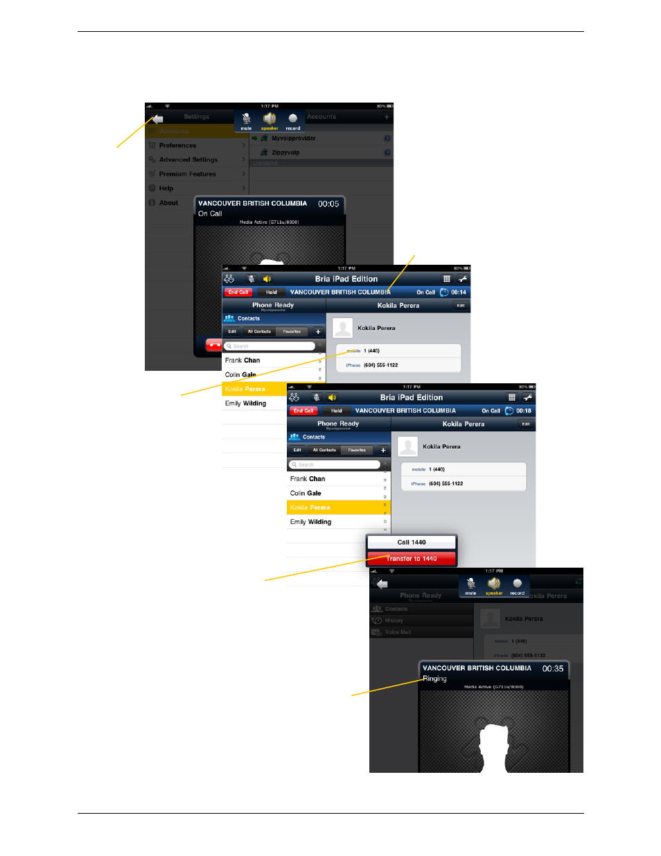 By selecting a contact or history item | CounterPath Bria iPad Edition 2.3 User Guide User Manual | Page 25 / 72