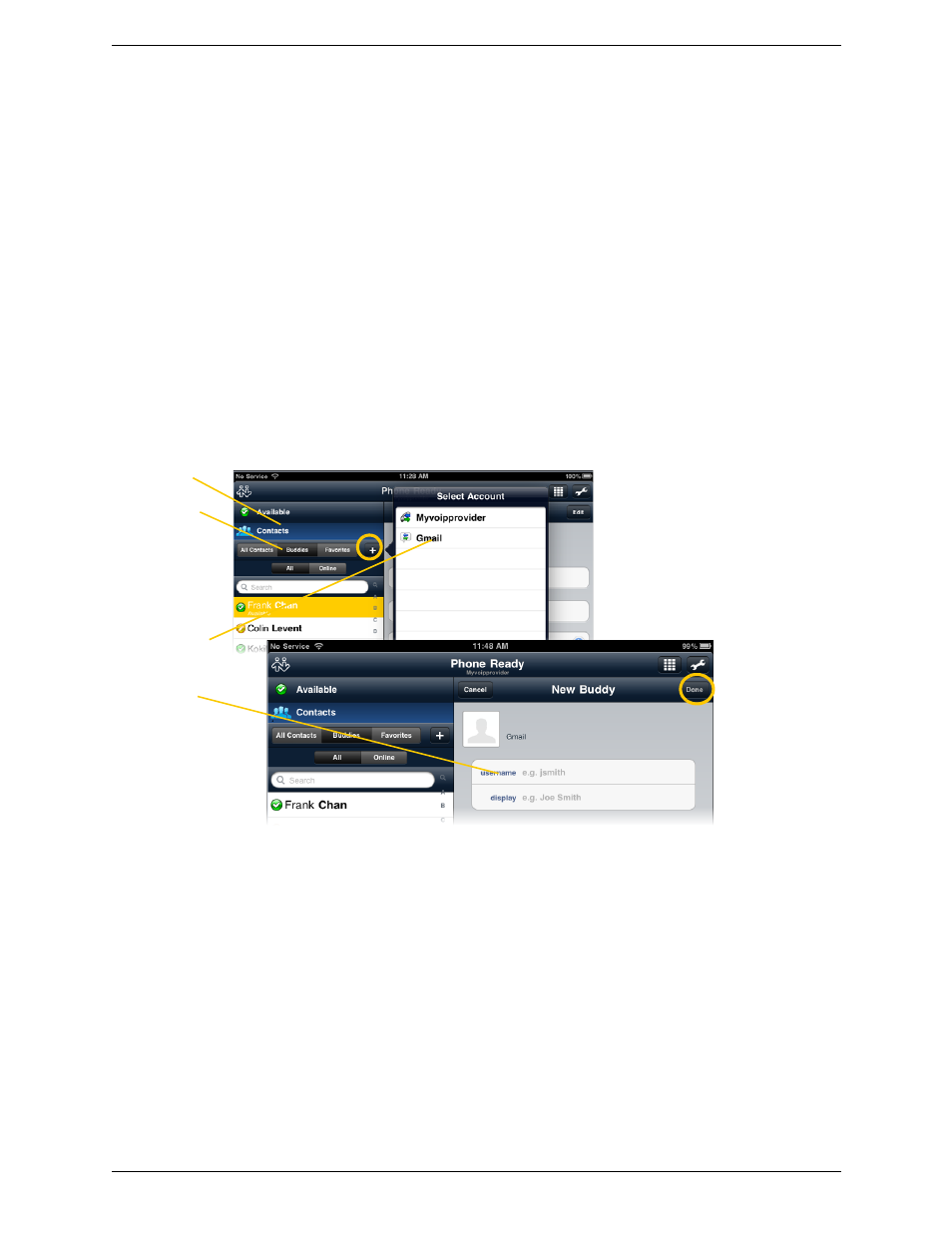 5 viewing others’ status (adding a buddy), Xmpp accounts, Viewing others’ status (adding a buddy) | CounterPath Bria iPad Edition 2.3 User Guide User Manual | Page 42 / 72