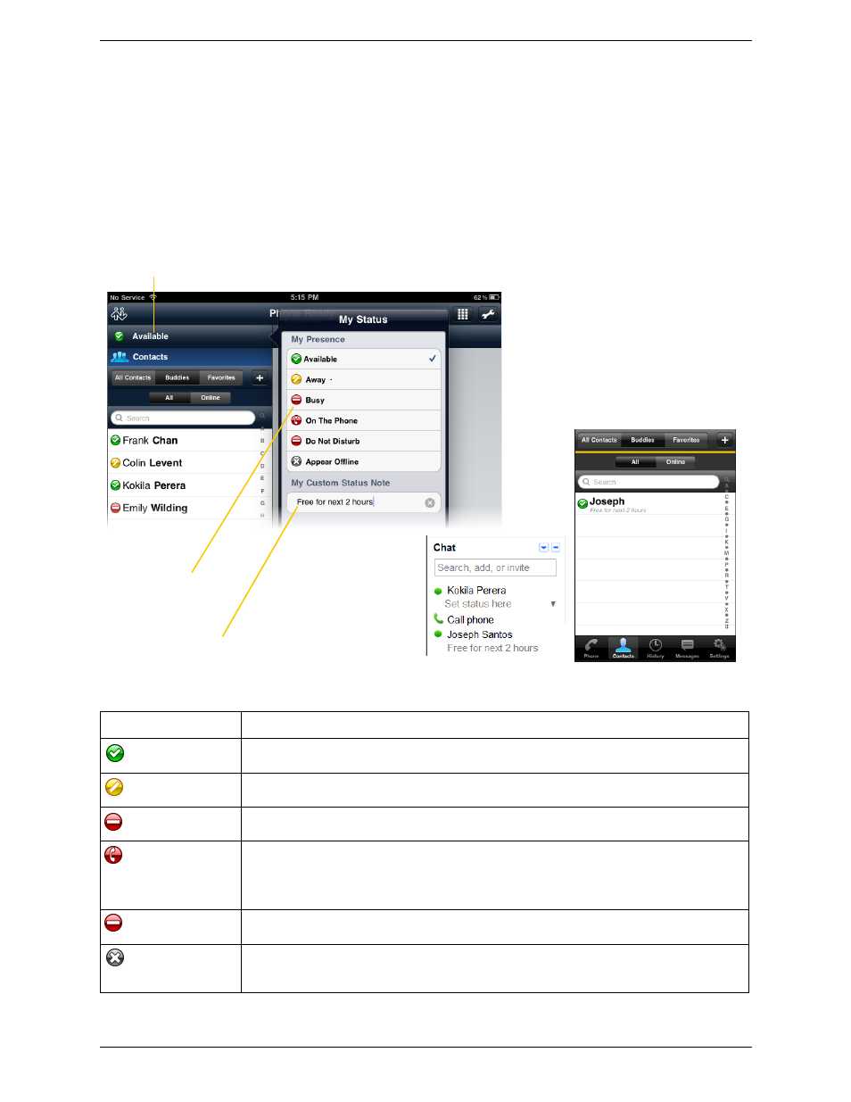 6 setting your own status, Setting your own status | CounterPath Bria iPad Edition 2.3 User Guide User Manual | Page 45 / 72