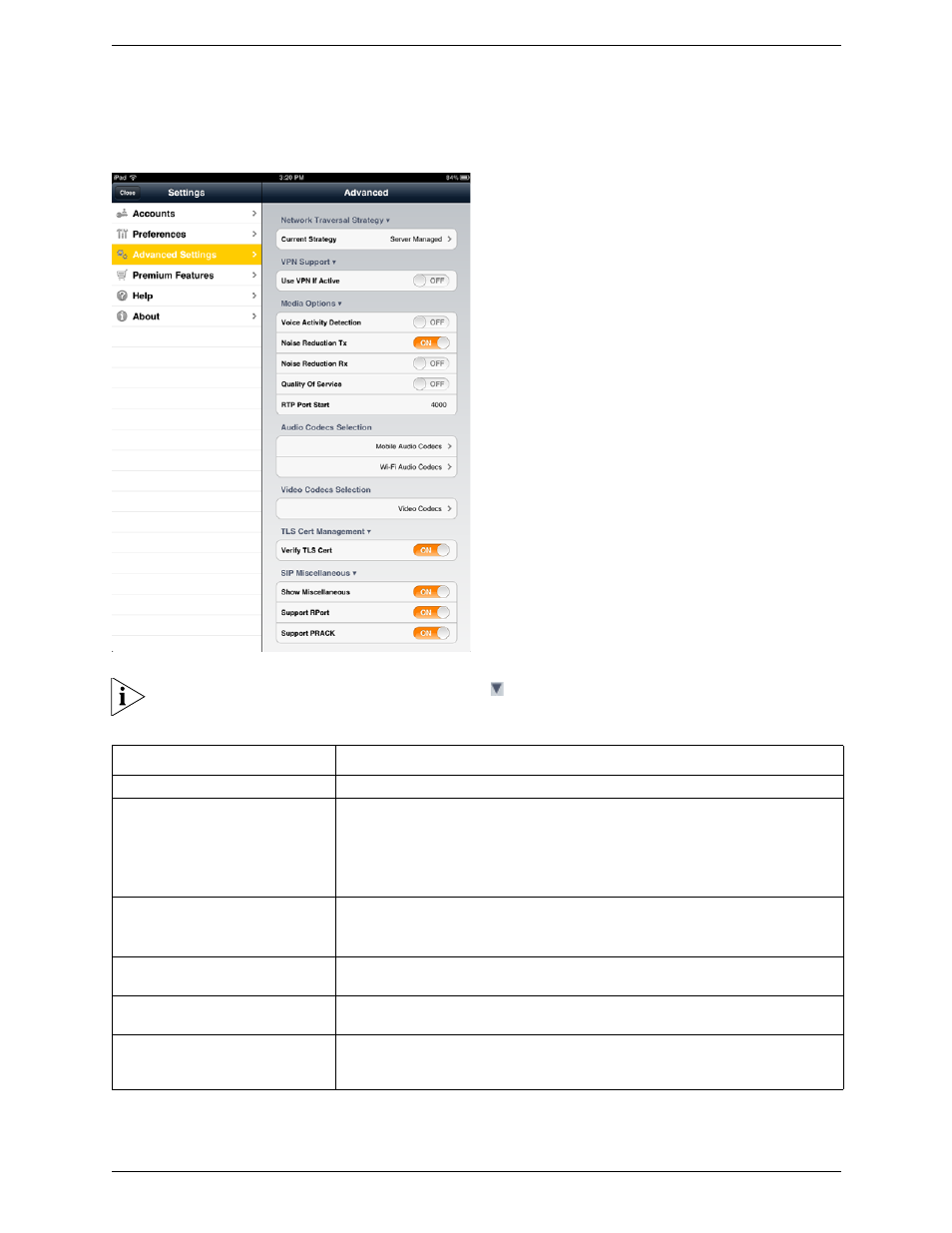 3 advanced settings, Advanced settings | CounterPath Bria iPad Edition 2.3 User Guide User Manual | Page 57 / 72