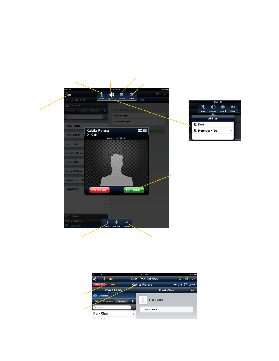 5 handling one established call, Handling one established call, Call in foreground call in background (minimized) | CounterPath Bria iPad Edition 2.2 User Guide User Manual | Page 19 / 68