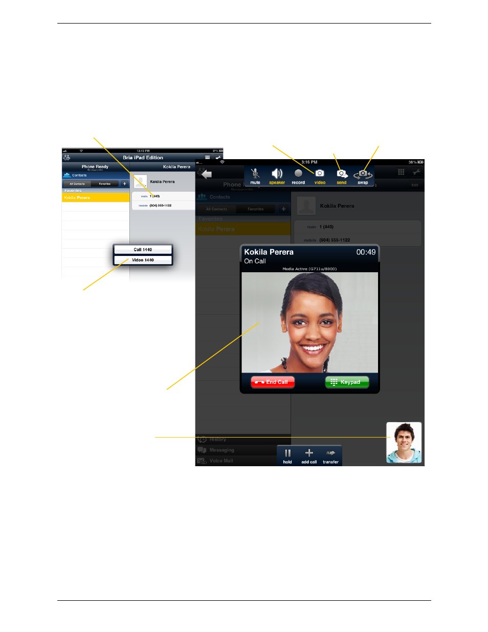 12 handling video calls, Handling video calls | CounterPath Bria iPad Edition 2.2 User Guide User Manual | Page 28 / 68