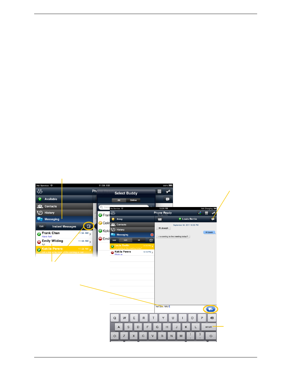 4 presence and instant messaging, 1 sending an im, Presence and instant messaging | Sending an im, 4presence and instant messaging | CounterPath Bria iPad Edition 2.2 User Guide User Manual | Page 33 / 68