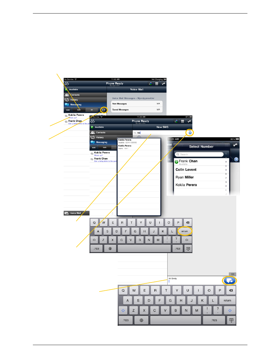 2 sending an sms, Sending an sms | CounterPath Bria iPad Edition 2.2 User Guide User Manual | Page 36 / 68