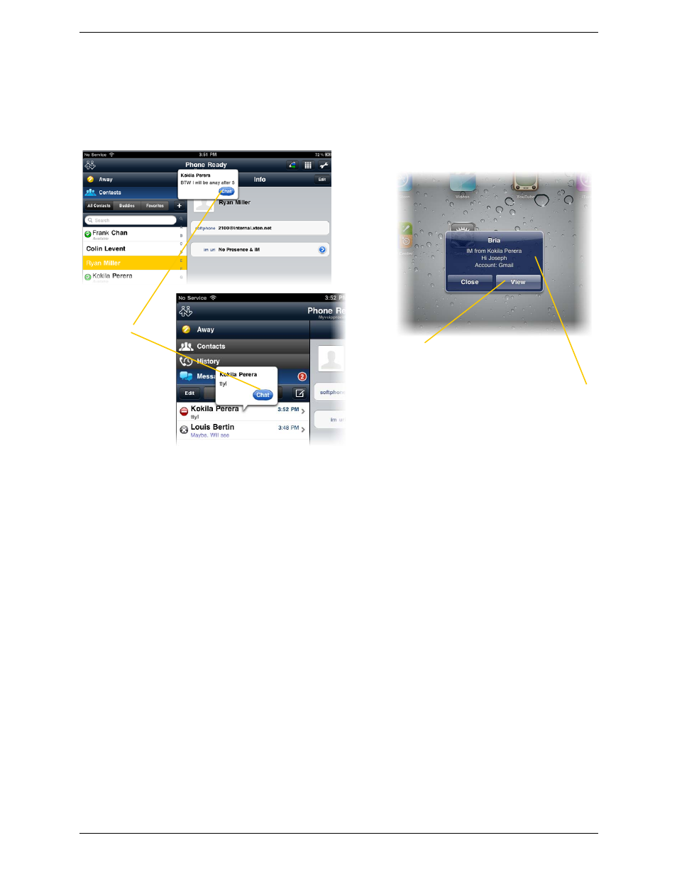 3 receiving an im and sms, Receiving an im and sms | CounterPath Bria iPad Edition 2.2 User Guide User Manual | Page 38 / 68