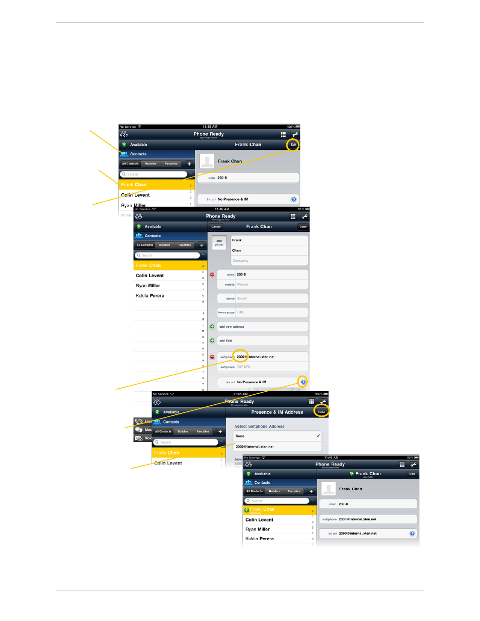 Sip accounts, Editing an existing contact to see online status | CounterPath Bria iPad Edition 2.2 User Guide User Manual | Page 40 / 68