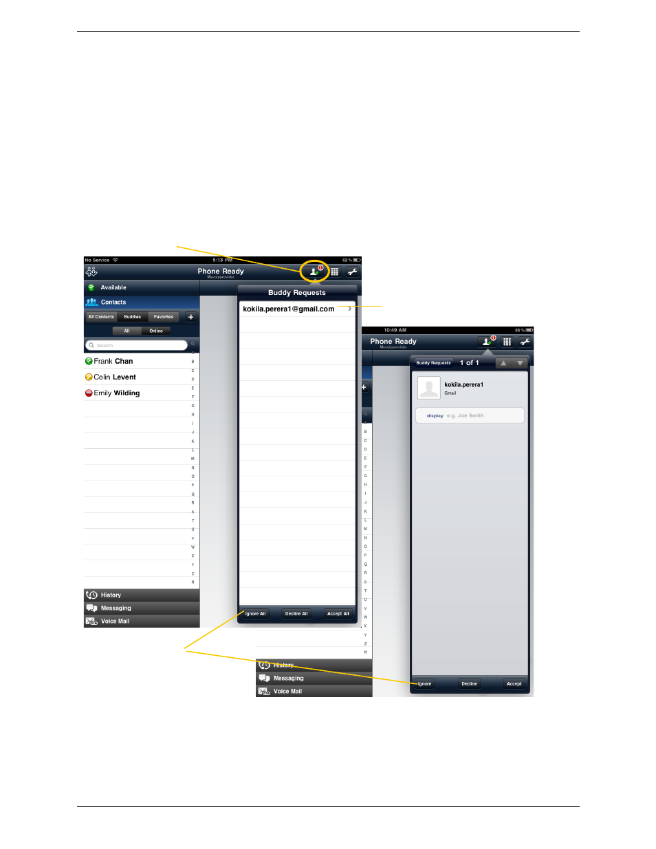 6 responding to buddy requests, Responding to buddy requests | CounterPath Bria iPad Edition 2.2 User Guide User Manual | Page 43 / 68