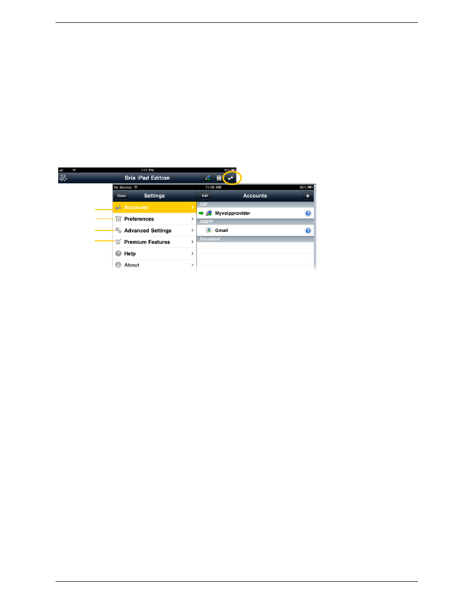 5 settings, Settings, 5settings | CounterPath Bria iPad Edition 2.2 User Guide User Manual | Page 45 / 68