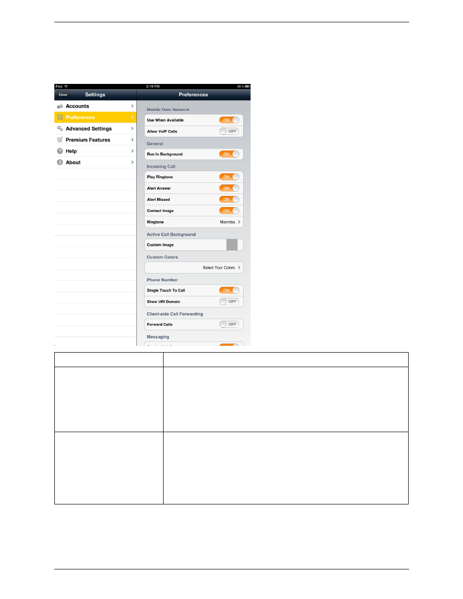 2 preferences, Preferences | CounterPath Bria iPad Edition 2.1 User Guide User Manual | Page 56 / 74