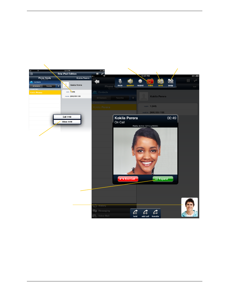 12 handling video calls, Handling video calls | CounterPath Bria iPad Edition 2.0 User Guide User Manual | Page 30 / 70