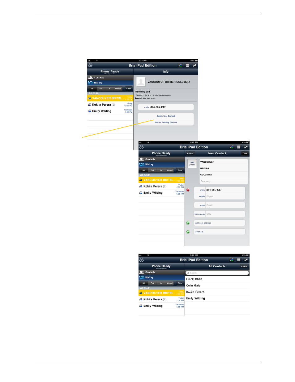 Creating a contact from history | CounterPath Bria iPad Edition 2.0 User Guide User Manual | Page 33 / 70