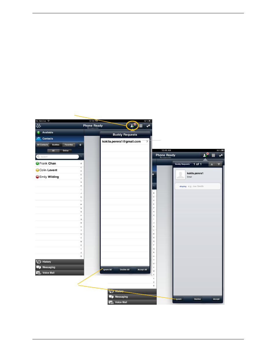 6 responding to buddy requests, Responding to buddy requests | CounterPath Bria iPad Edition 2.0 User Guide User Manual | Page 46 / 70