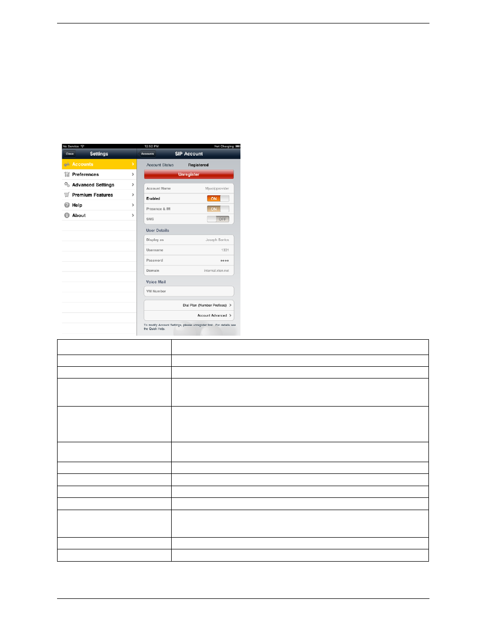 1 accounts, Sip accounts, Accounts | CounterPath Bria iPad Edition 2.0 User Guide User Manual | Page 50 / 70