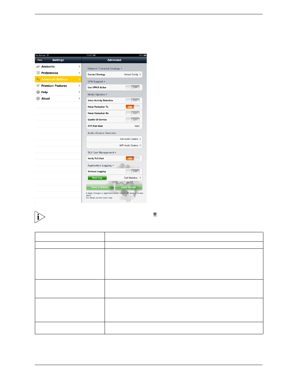 3 advanced settings, Advanced settings | CounterPath Bria iPad Edition 2.0 User Guide User Manual | Page 56 / 70