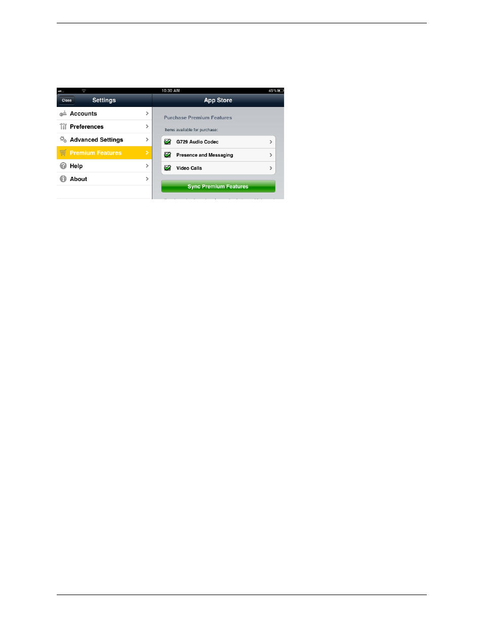 4 premium features, Premium features | CounterPath Bria iPad Edition 2.0 User Guide User Manual | Page 61 / 70