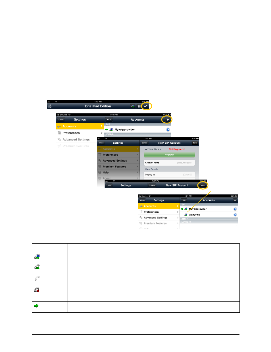 Setting up multiple accounts, Having trouble registering or placing a call | CounterPath Bria iPad Edition 1.1.1/1.1.2 User Guide User Manual | Page 10 / 70