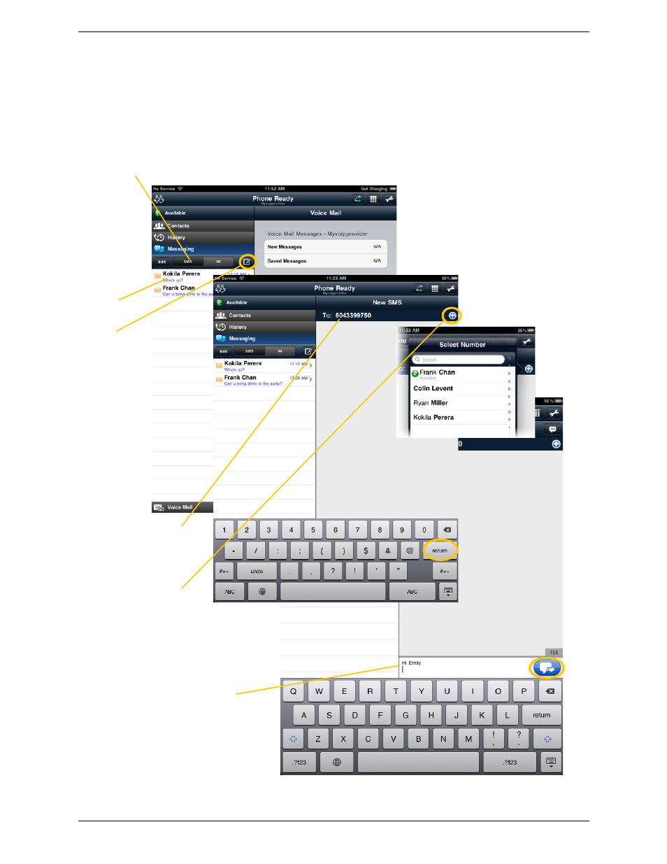 2 sending an sms, Sending an sms | CounterPath Bria iPad Edition 1.1.1/1.1.2 User Guide User Manual | Page 39 / 70