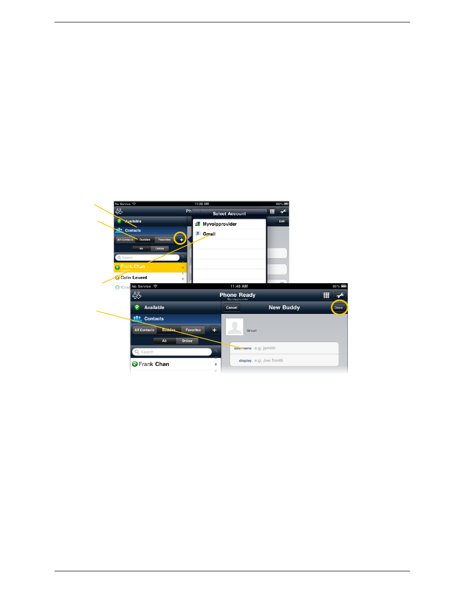 4 viewing others’ status (adding a buddy), Xmpp accounts, Viewing others’ status (adding a buddy) | CounterPath Bria iPad Edition 1.1.1/1.1.2 User Guide User Manual | Page 42 / 70