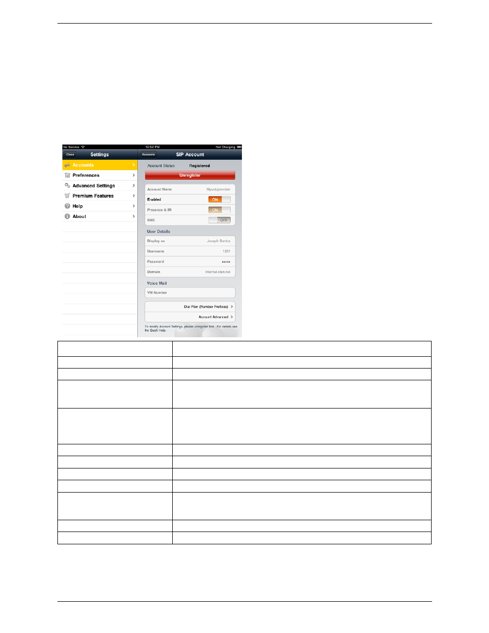 1 accounts, Sip accounts, Accounts | CounterPath Bria iPad Edition 1.1.1/1.1.2 User Guide User Manual | Page 50 / 70