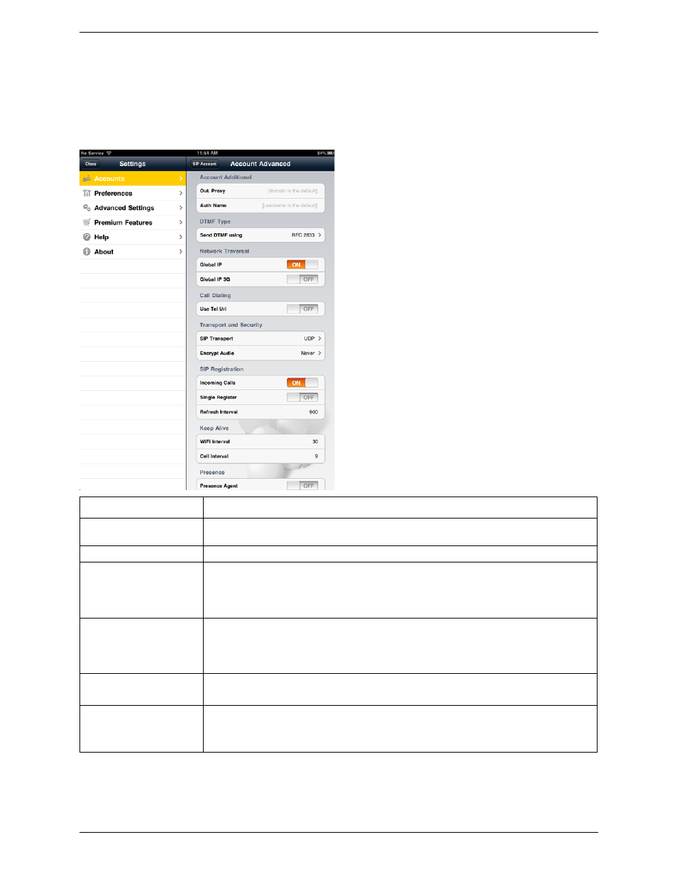 Account advanced (sip) | CounterPath Bria iPad Edition 1.1.1/1.1.2 User Guide User Manual | Page 51 / 70