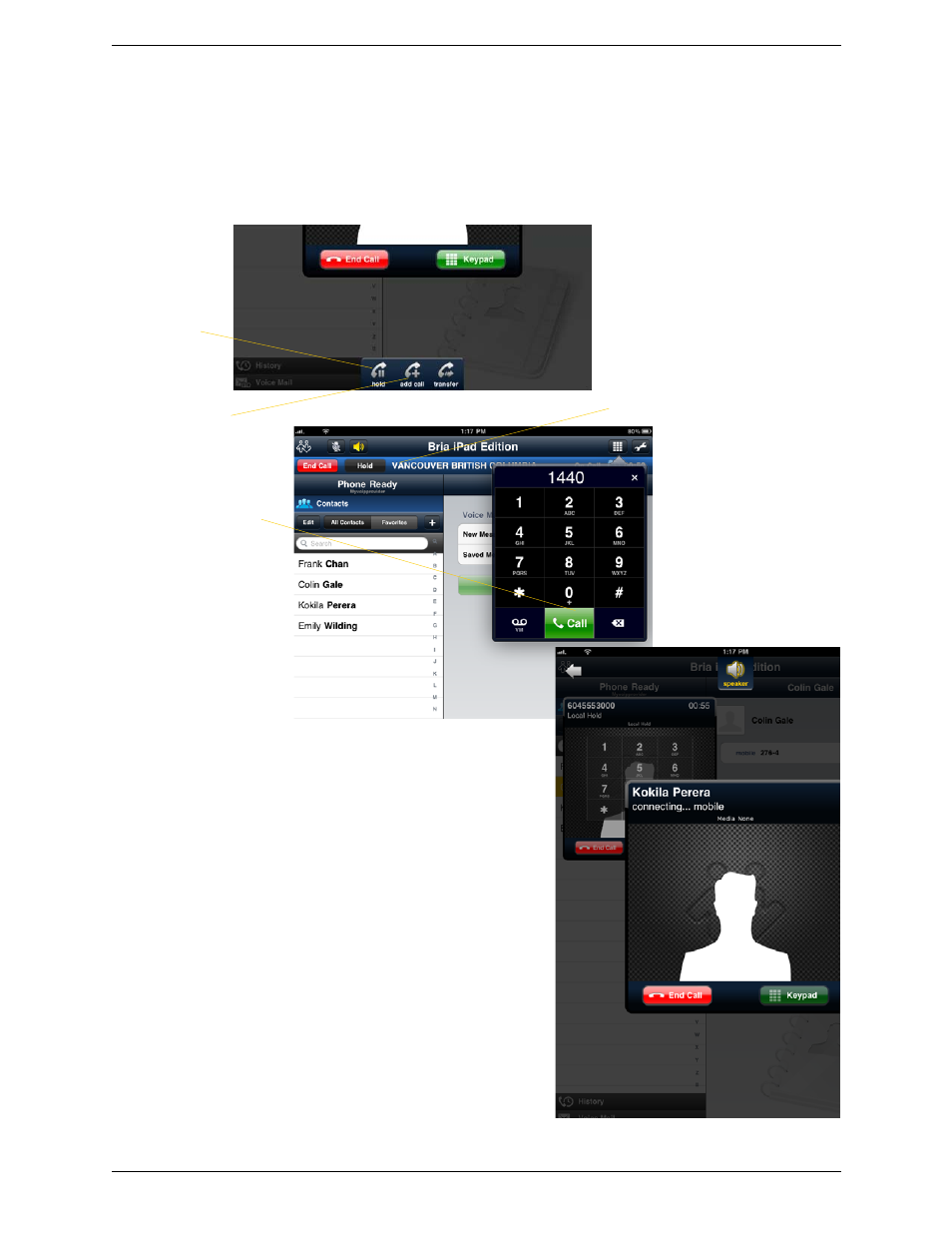 7 placing a second bria call, Placing a second bria call, Using the dialpad | CounterPath Bria iPad Edition 1.0 User Guide User Manual | Page 19 / 48