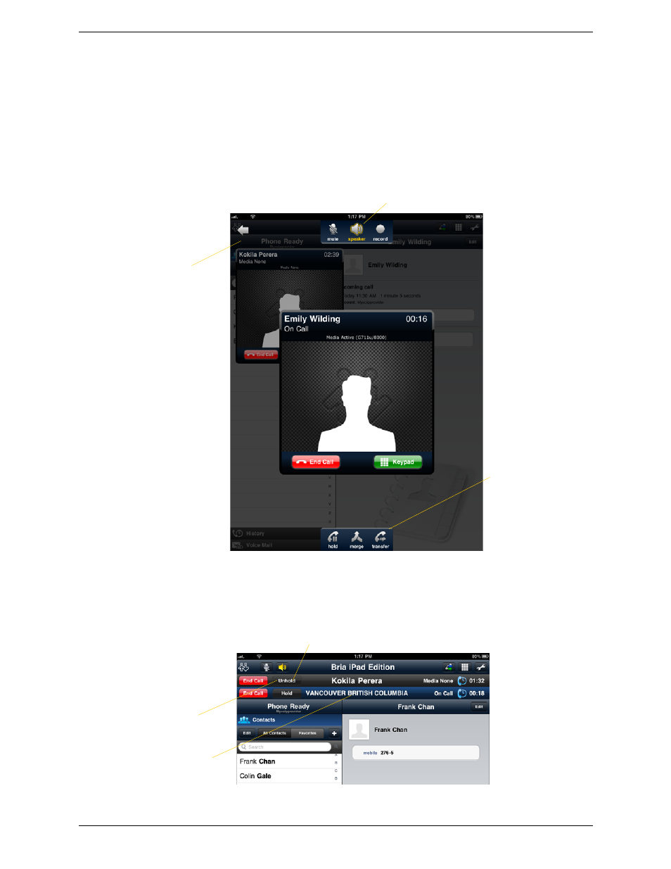 8 handling two established calls, Handling two established calls | CounterPath Bria iPad Edition 1.0 User Guide User Manual | Page 21 / 48