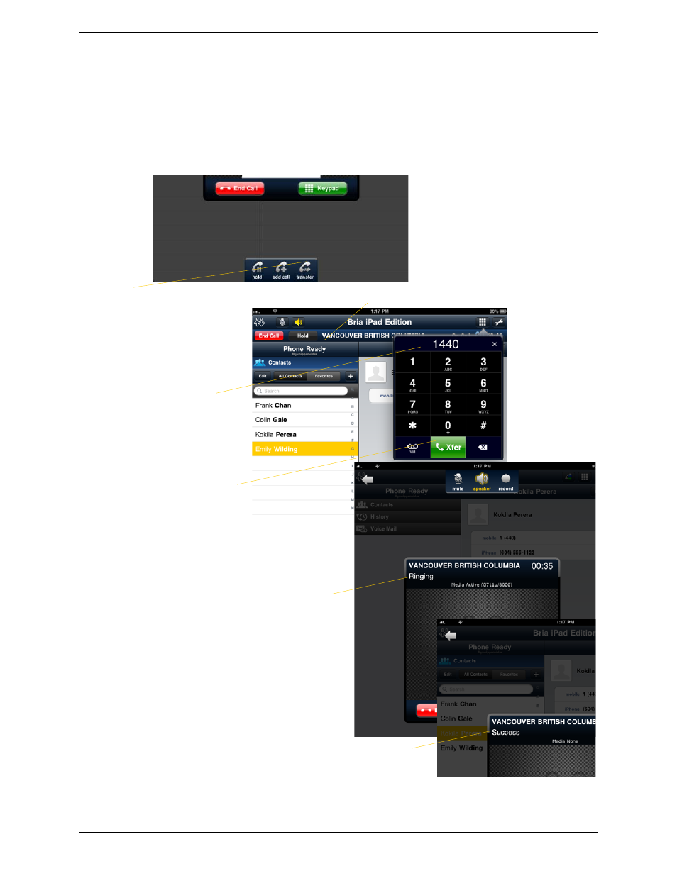 9 unattended (blind) transfer, Unattended (blind) transfer, Using the dialpad | CounterPath Bria iPad Edition 1.0 User Guide User Manual | Page 22 / 48