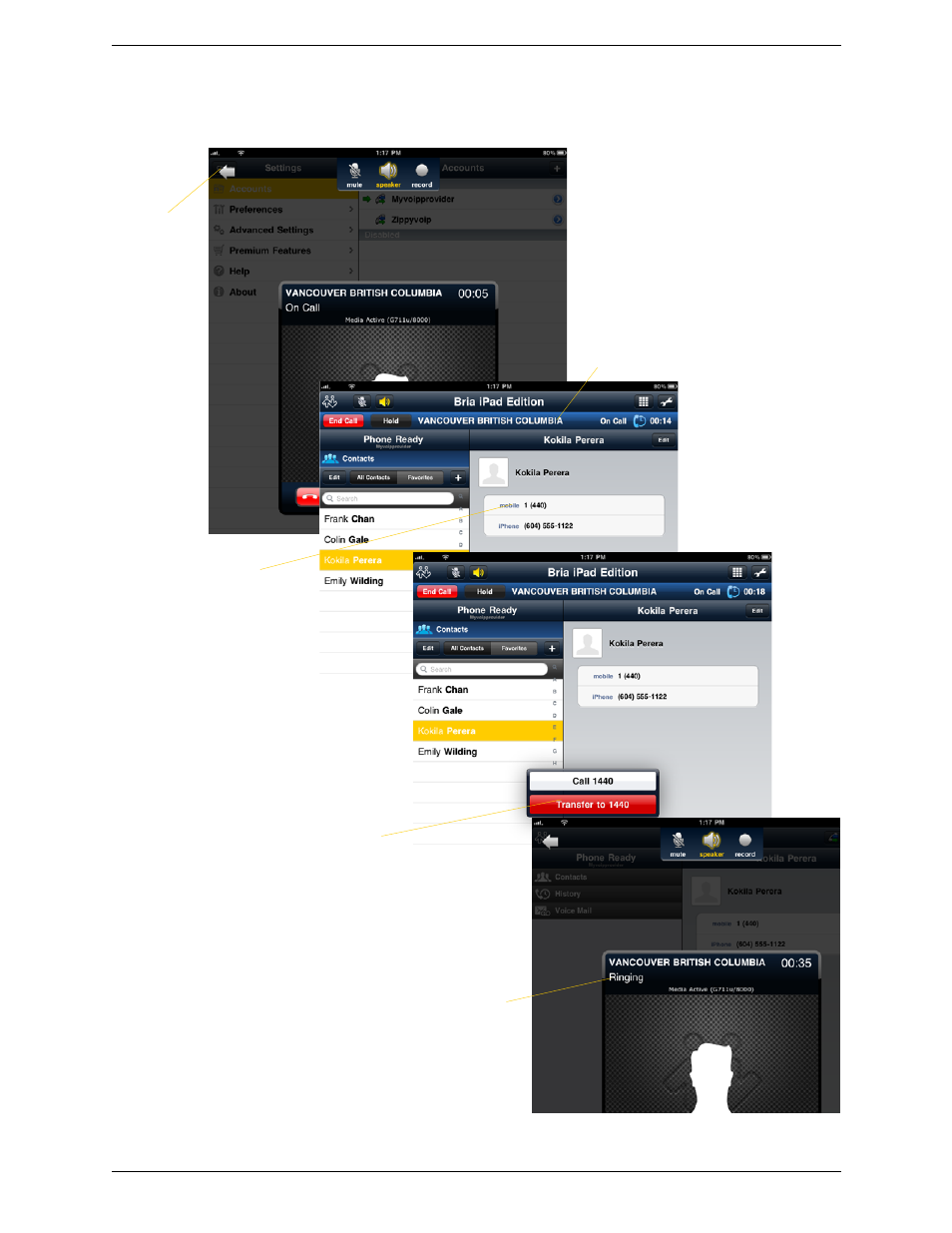 By selecting a contact or history item | CounterPath Bria iPad Edition 1.0 User Guide User Manual | Page 23 / 48
