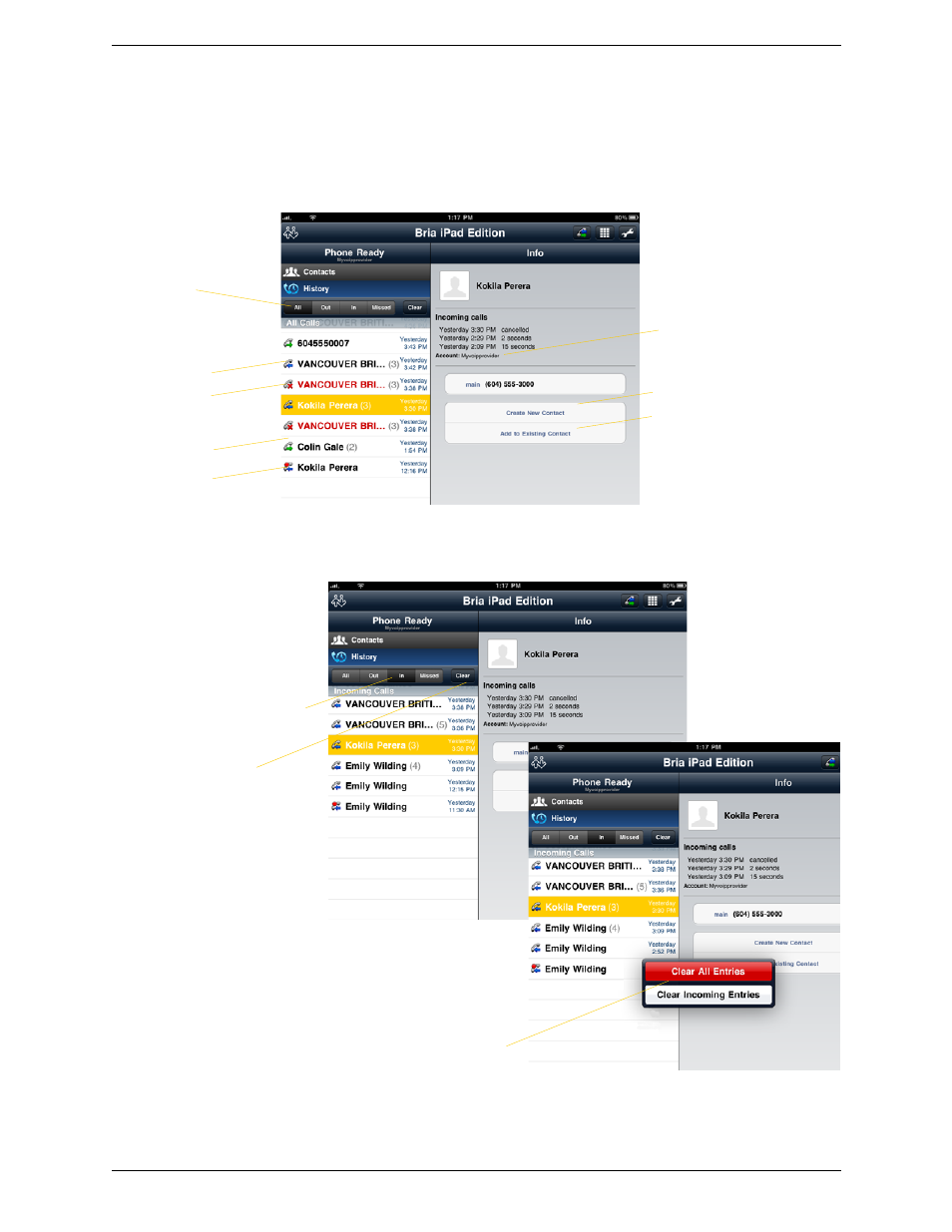 12 call history, Call history, Clearing the history | CounterPath Bria iPad Edition 1.0 User Guide User Manual | Page 26 / 48