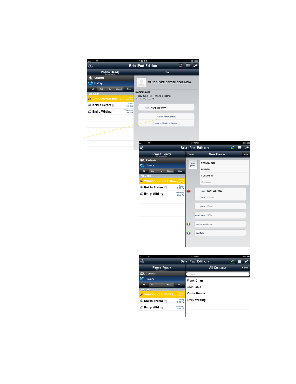 Creating a contact from history | CounterPath Bria iPad Edition 1.0 User Guide User Manual | Page 27 / 48