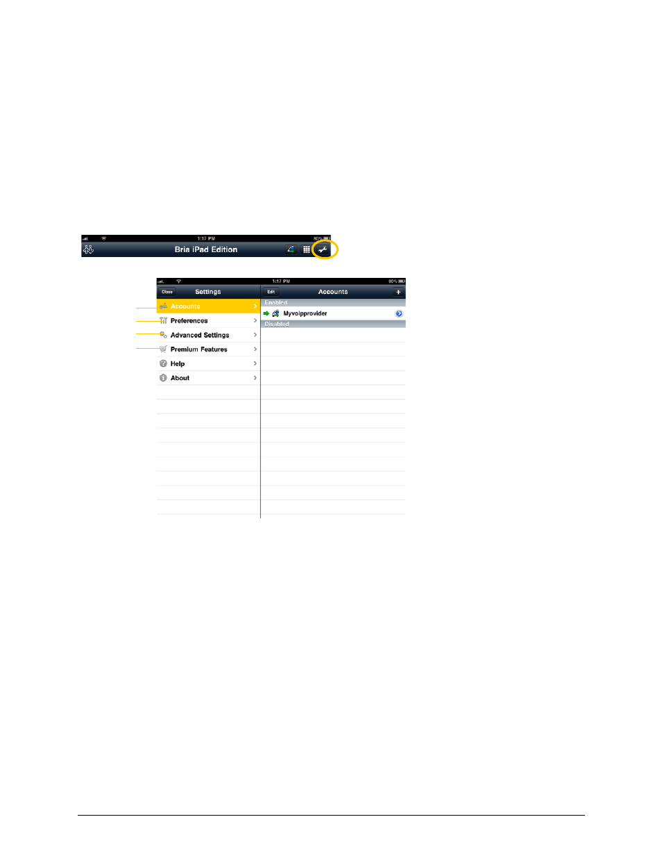 4 settings, Settings, 4settings | CounterPath Bria iPad Edition 1.0 User Guide User Manual | Page 29 / 48