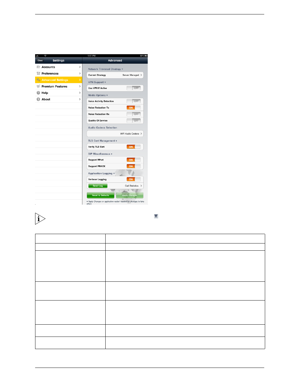 3 advanced settings, Advanced settings | CounterPath Bria iPad Edition 1.0 User Guide User Manual | Page 35 / 48