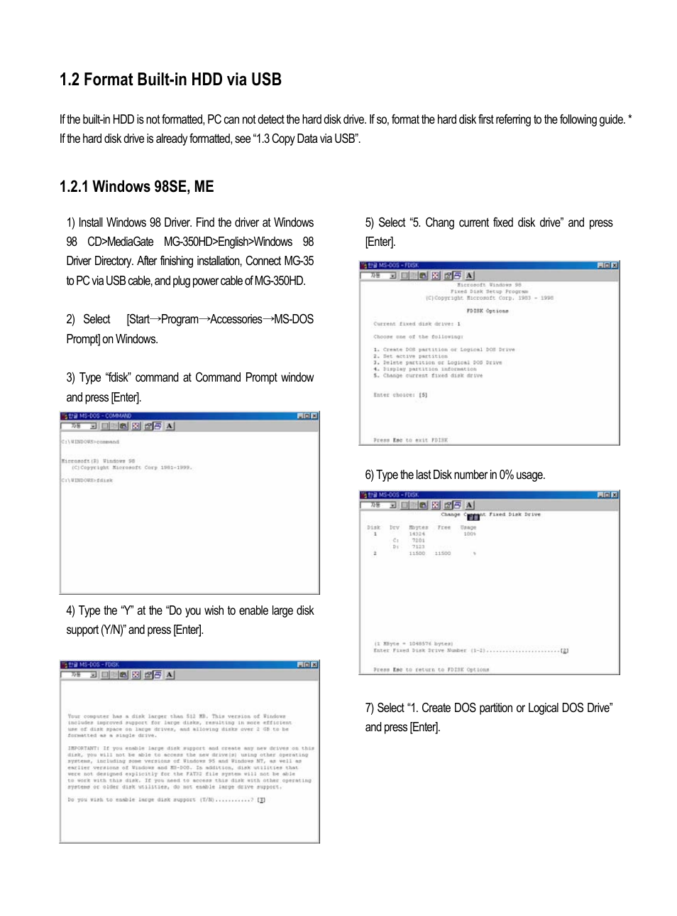 2 format built-in hdd via usb, 1 windows 98se, me | AL Tech MEDIAGATE MG-350HD User Manual | Page 14 / 107