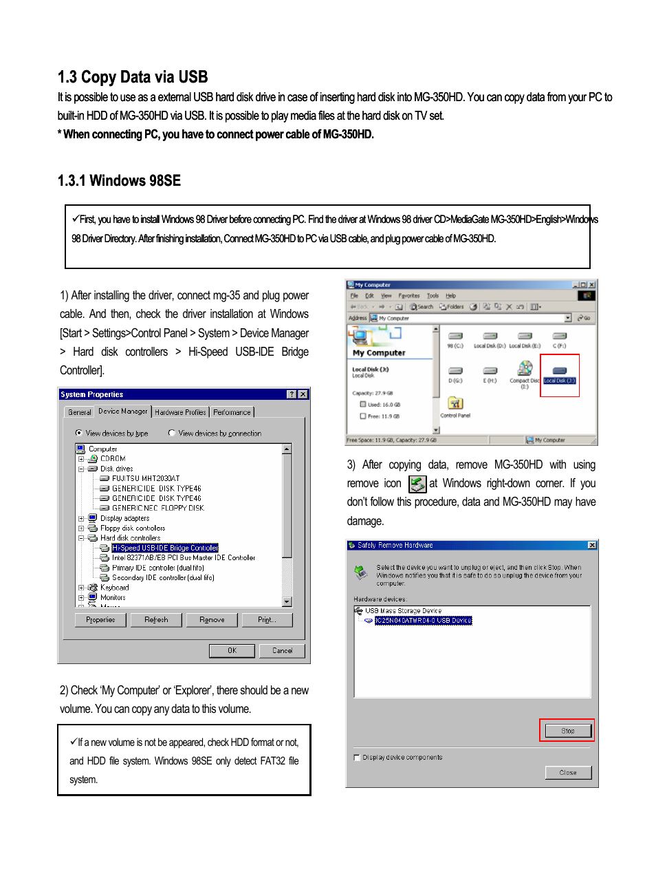 3 copy data via usb, 1 windows 98se | AL Tech MEDIAGATE MG-350HD User Manual | Page 20 / 107