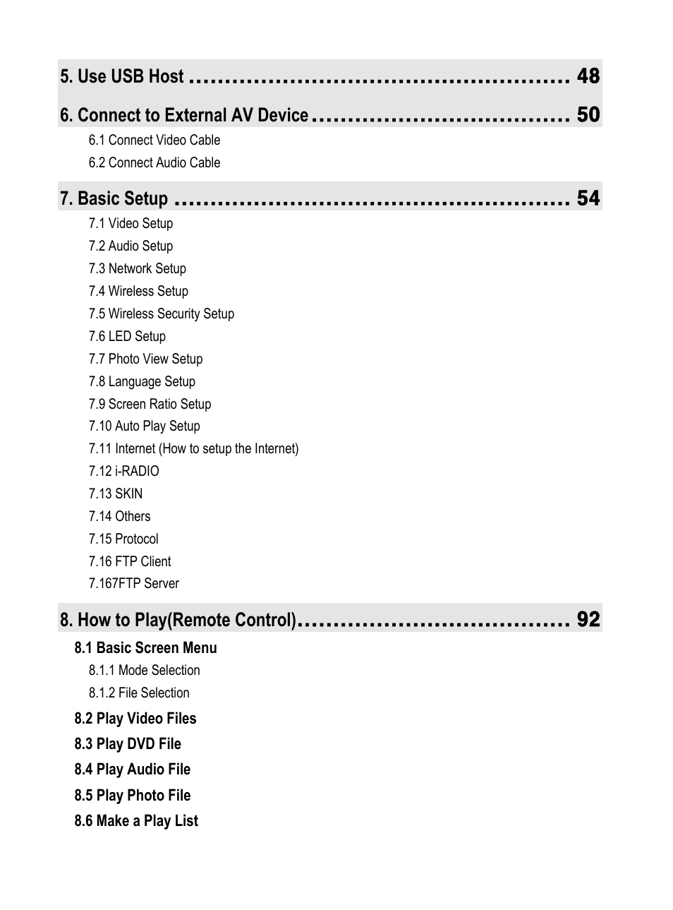 Use usb host, Connect to external av device, Basic setup | How to play(remote control) | AL Tech MEDIAGATE MG-350HD User Manual | Page 3 / 107