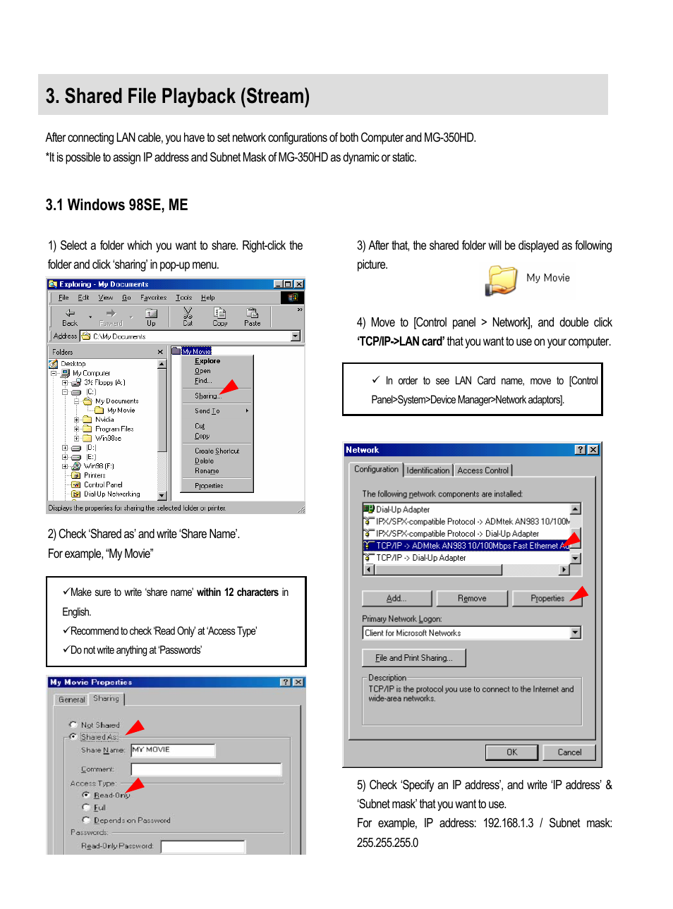 Shared file playback (stream), 1 windows 98se, me | AL Tech MEDIAGATE MG-350HD User Manual | Page 31 / 107