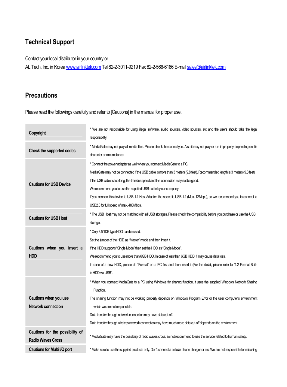 Technical support, Precautions | AL Tech MEDIAGATE MG-350HD User Manual | Page 6 / 107