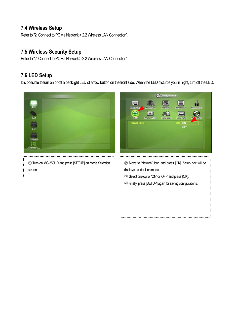 4 wireless setup, 5 wireless security setup, 6 led setup | AL Tech MEDIAGATE MG-350HD User Manual | Page 60 / 107