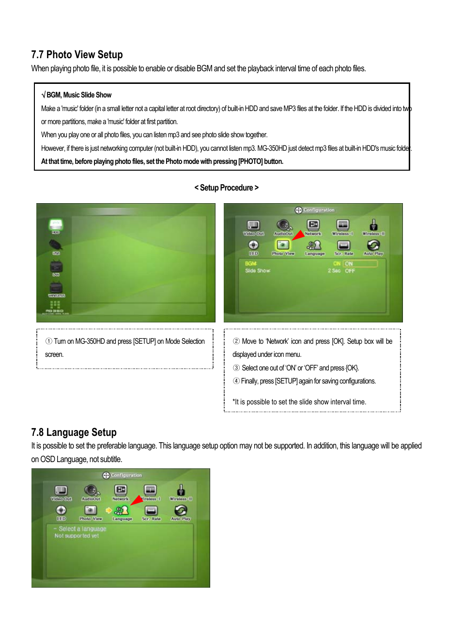 7 photo view setup, 8 language setup | AL Tech MEDIAGATE MG-350HD User Manual | Page 61 / 107