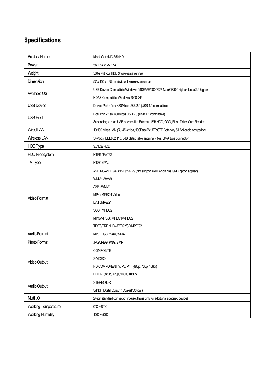 Specifications | AL Tech MEDIAGATE MG-350HD User Manual | Page 8 / 107