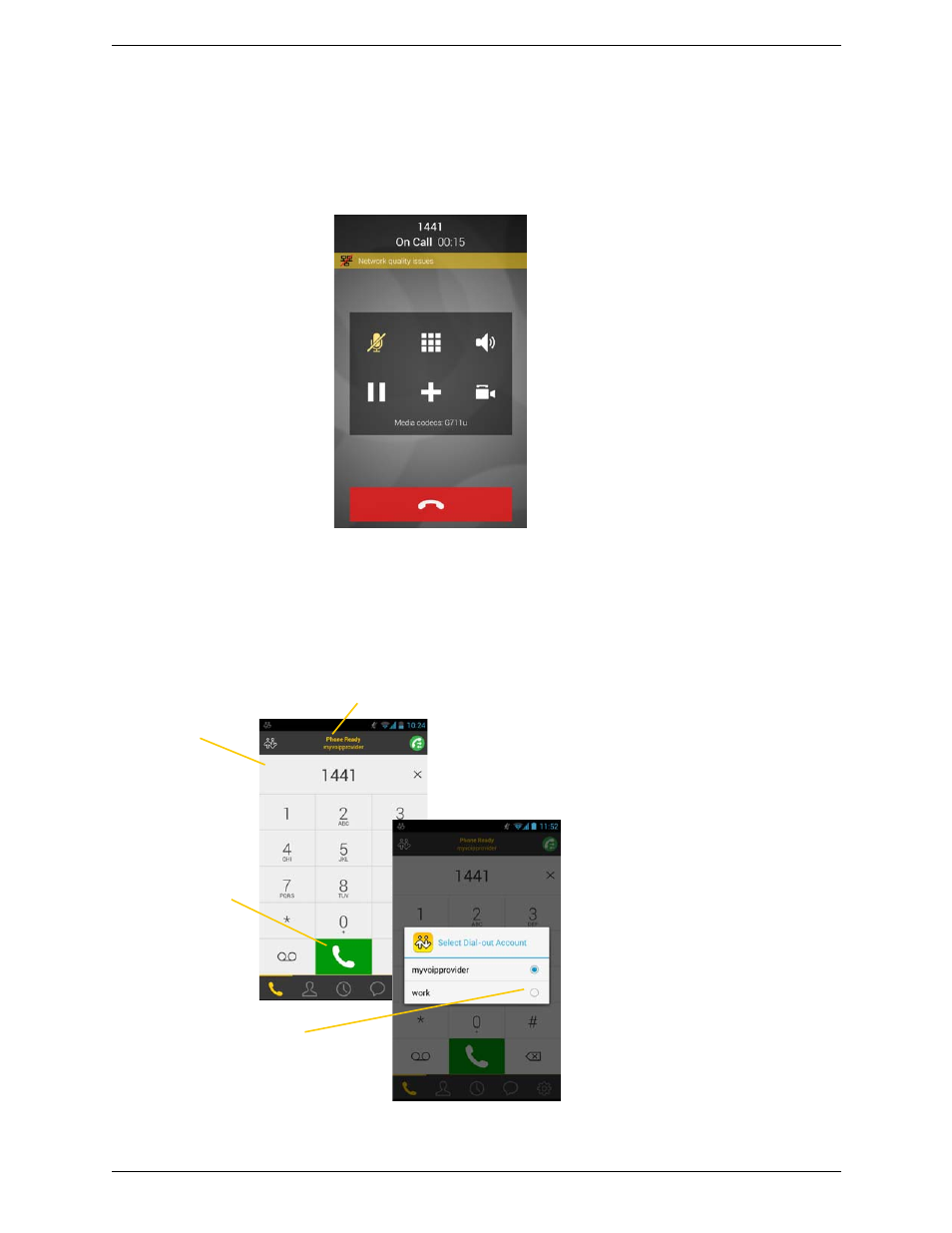Making a call from another account, The “network quality issues“ message | CounterPath Bria Android Edition 3.1 User Guide User Manual | Page 20 / 74
