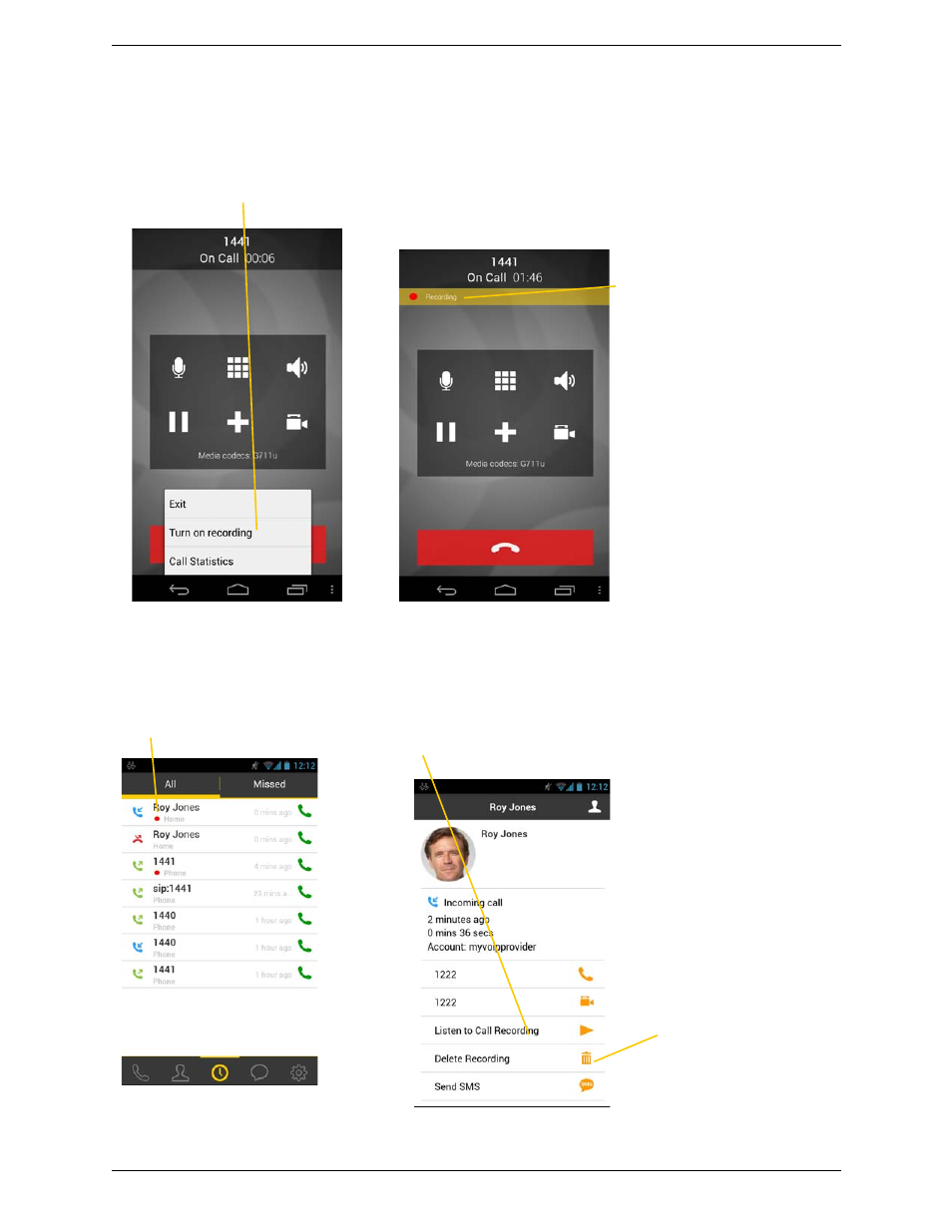6 recording calls, Recording calls | CounterPath Bria Android Edition 3.1 User Guide User Manual | Page 24 / 74