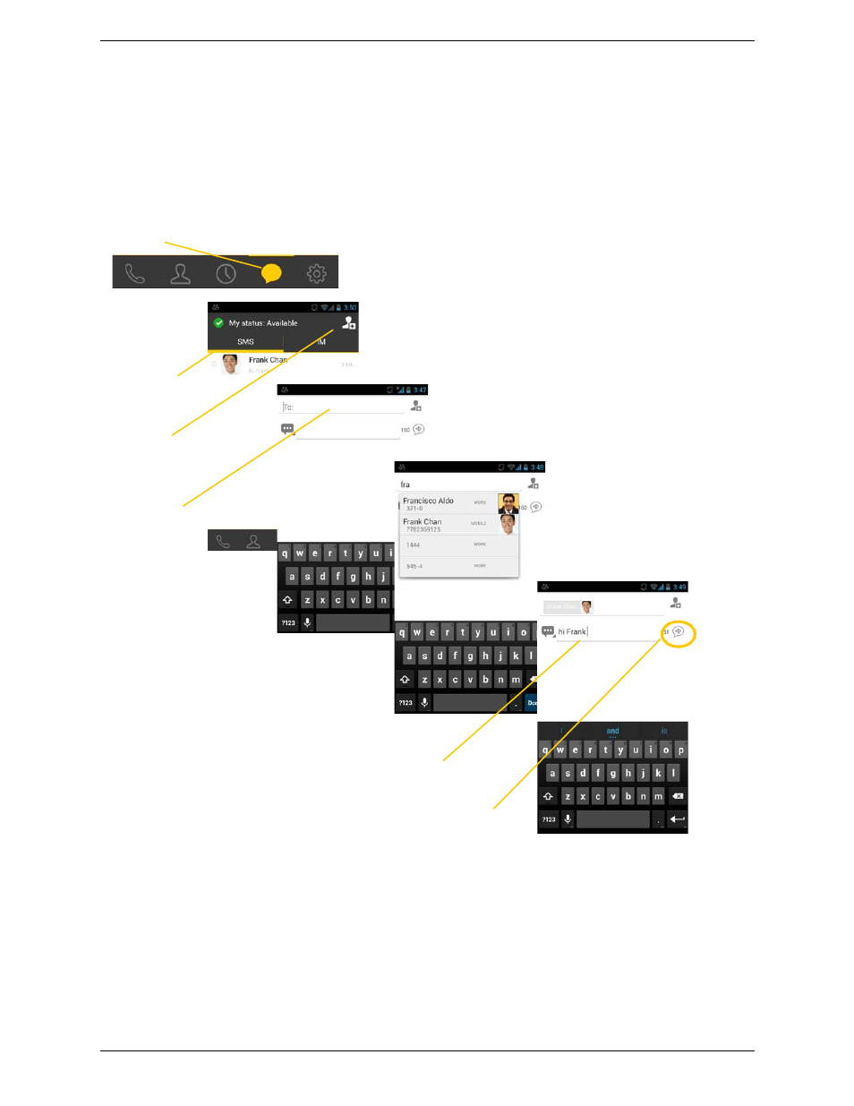2 sending an sms, Sending an sms | CounterPath Bria Android Edition 3.1 User Guide User Manual | Page 40 / 74
