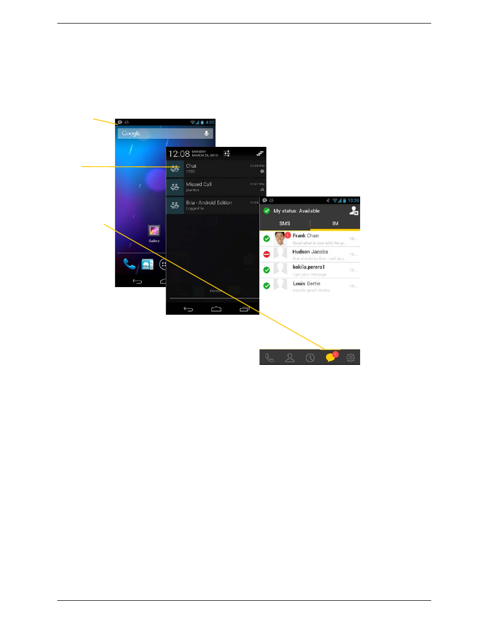 3 receiving an im and sms, Receiving an im and sms | CounterPath Bria Android Edition 3.1 User Guide User Manual | Page 42 / 74