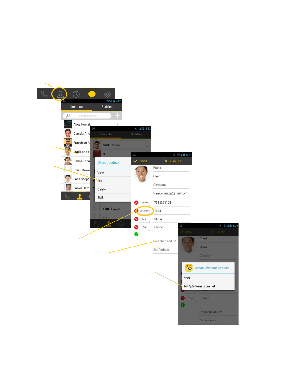 Sip accounts, Editing an existing contact to see online status | CounterPath Bria Android Edition 3.1 User Guide User Manual | Page 46 / 74