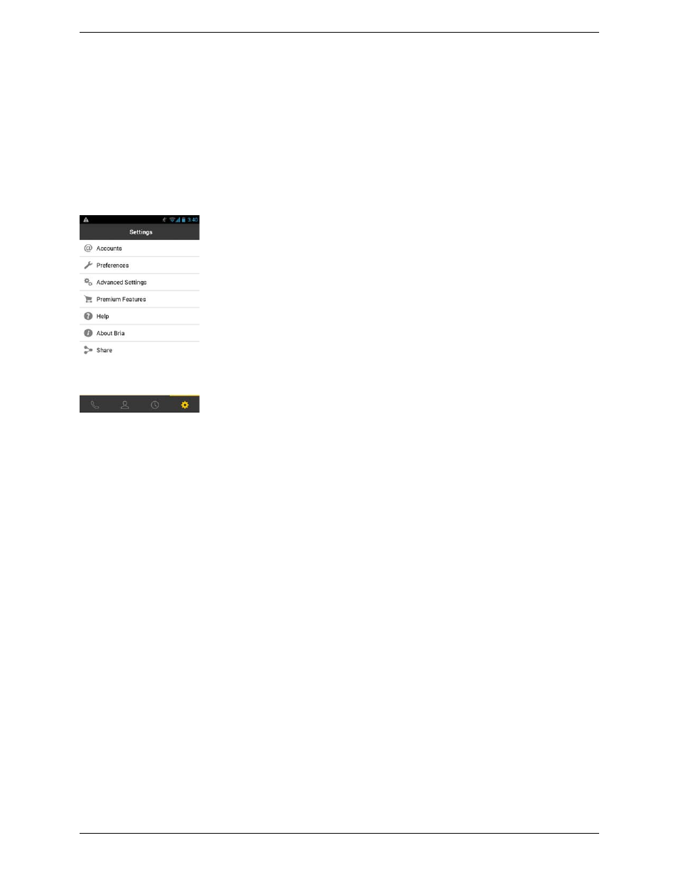 5 settings, Settings, 5settings | CounterPath Bria Android Edition 3.1 User Guide User Manual | Page 51 / 74