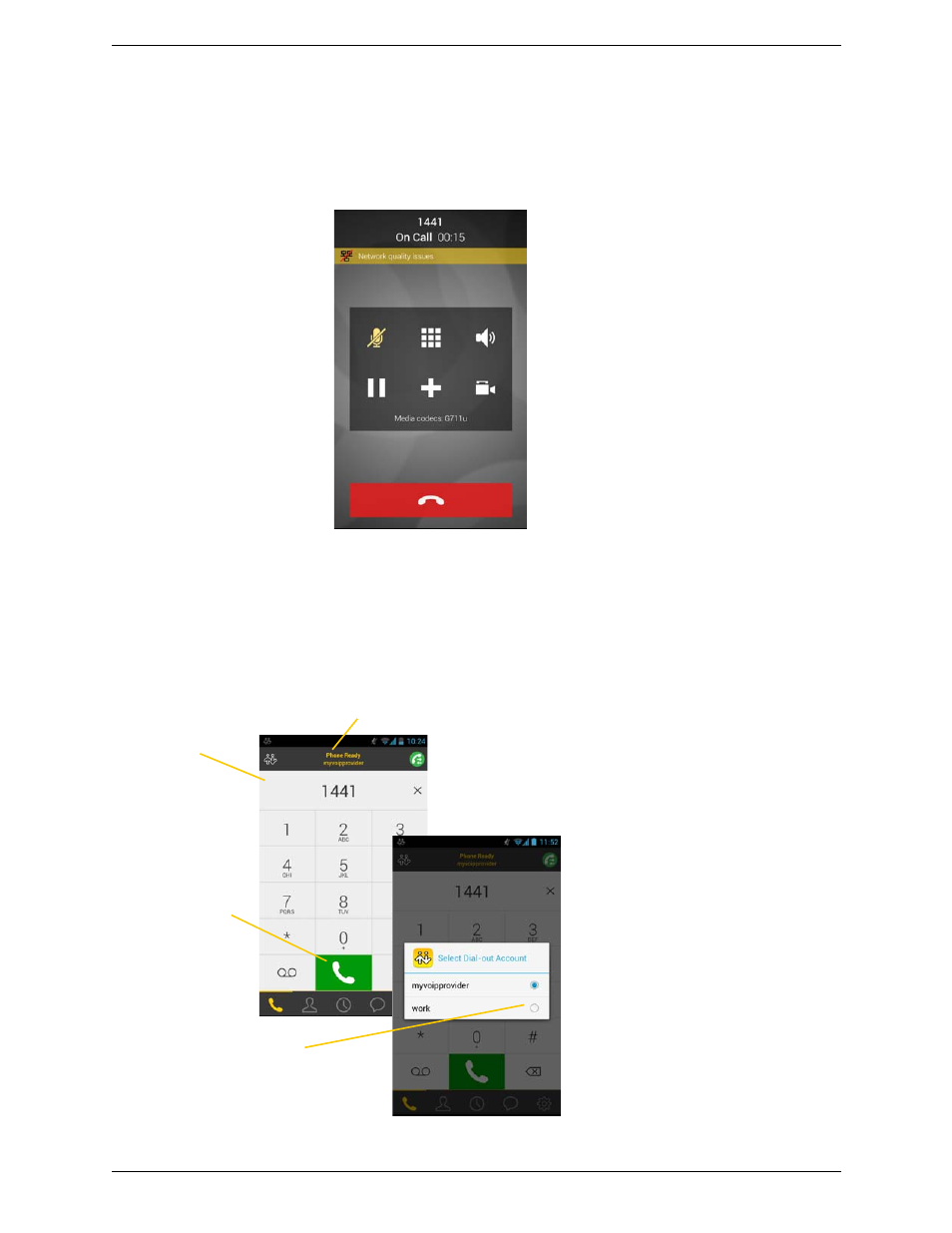 Making a call from another account, The “network quality issues“ message | CounterPath Bria Android Edition 3.0 User Guide User Manual | Page 20 / 72
