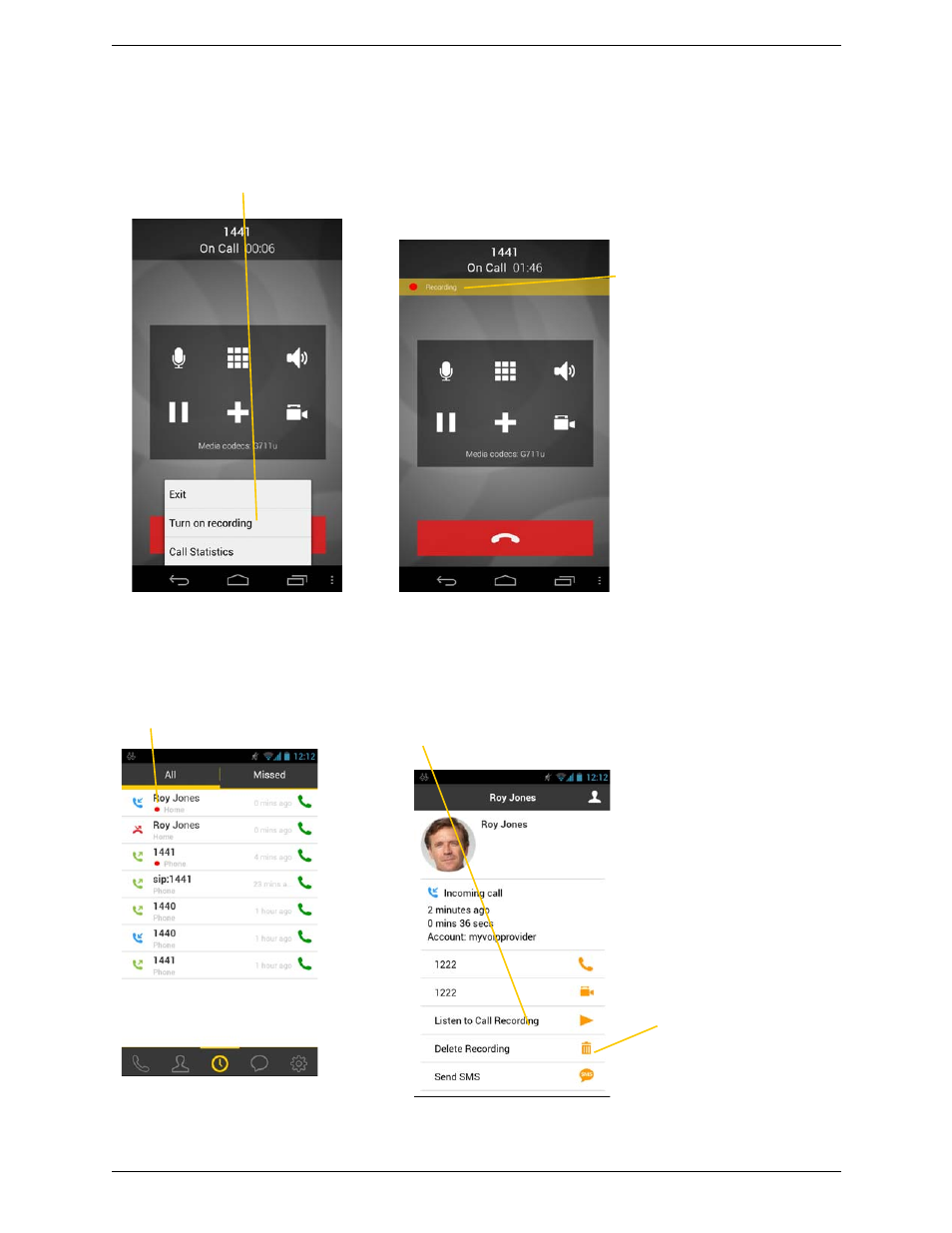 6 recording calls, Recording calls | CounterPath Bria Android Edition 3.0 User Guide User Manual | Page 24 / 72